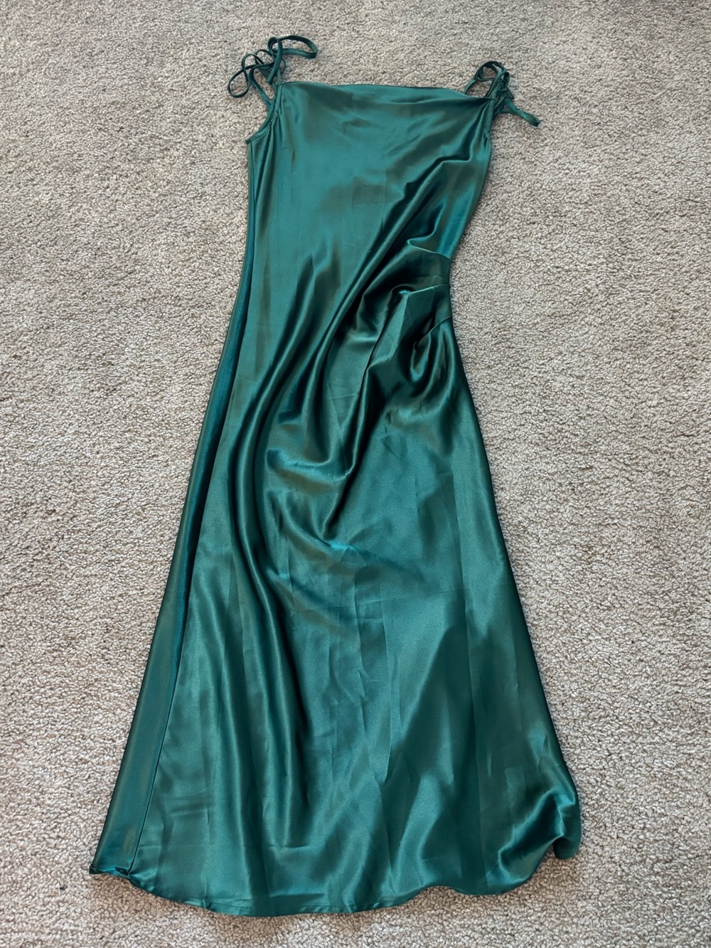 Emerald Satin Maxi Dress with Tie Shoulder Straps